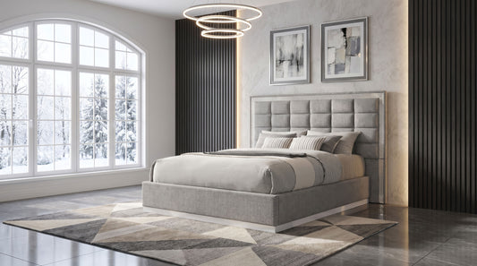 Viana Queen Chenille Platform Bed Grey and White High Gloss