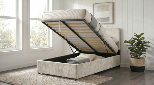 Reeves Upholstered Twin Lift-Top Storage Platform Bed Beige