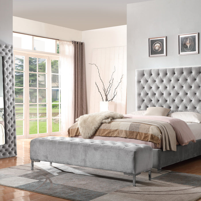 Lacey - Queen Upholstered Bed With Velvet-Like Fabric, Chrome Trim, Button Tufted Headboard, And Platform-Style Base - Silver Gray