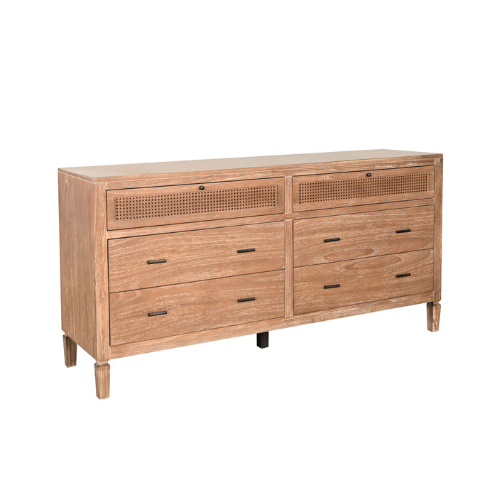 Natural Wood 6-Drawer Dresser With Rattan Accents - Oak Grove