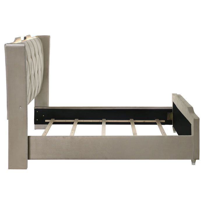 Lorient Queen LED Upholstered Wingback Bed Ivory and Camel
