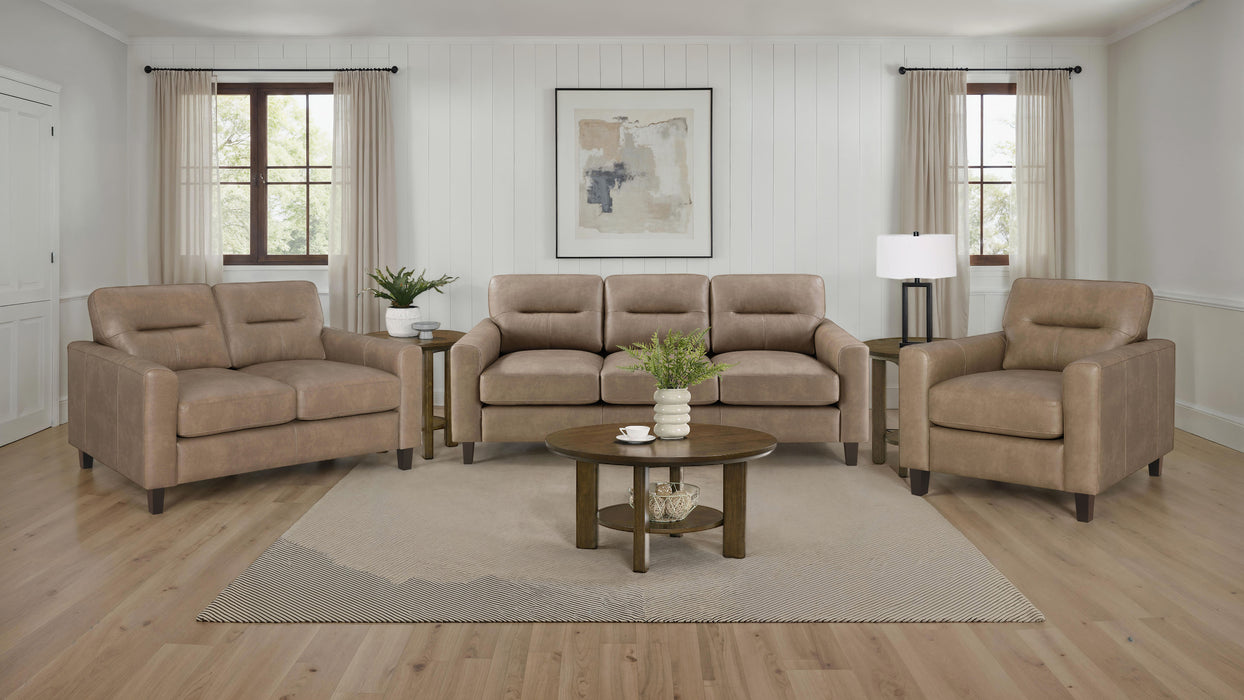 Scotland Faux Leather Upholstered Track Arm Loveseat Brown