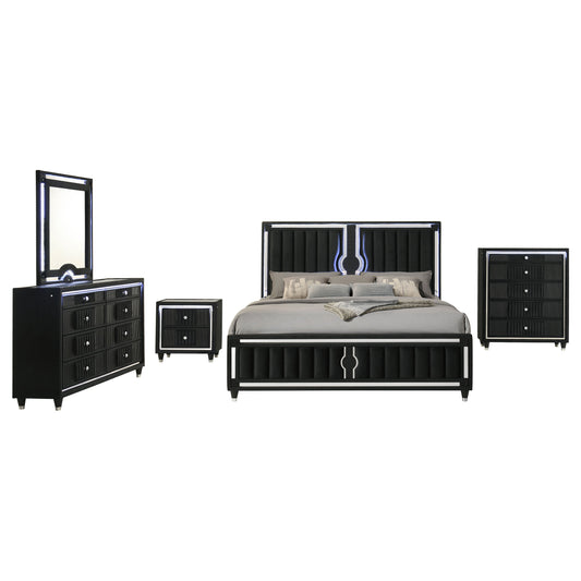 Ravenne 5-piece Velvet Upholstered Eastern King LED Bedroom Set Black