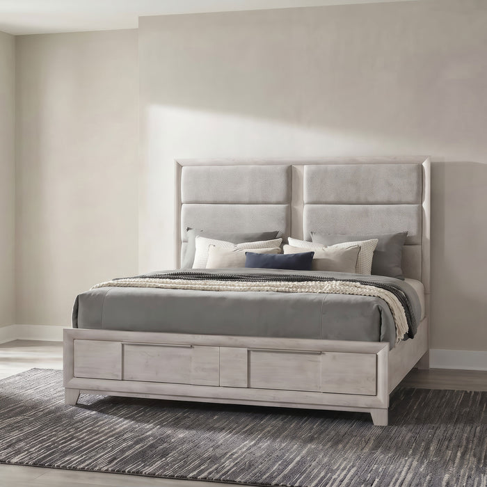 Farre Eastern King Upholstered Storage Platform Bed Washed Grey