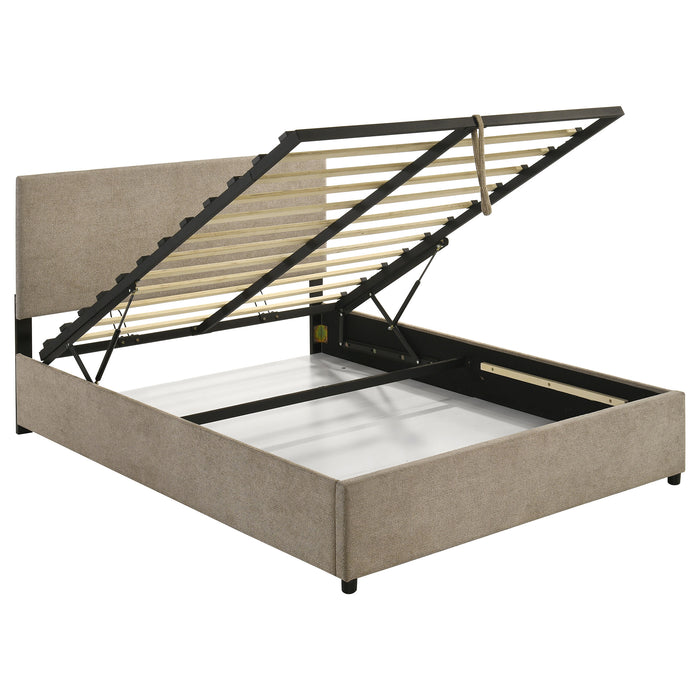 Reeves Upholstered Eastern King Lift-Top Storage Platform Bed Tan