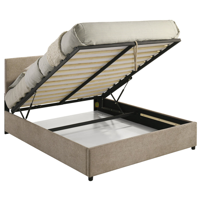 Reeves Upholstered Eastern King Lift-Top Storage Platform Bed Tan