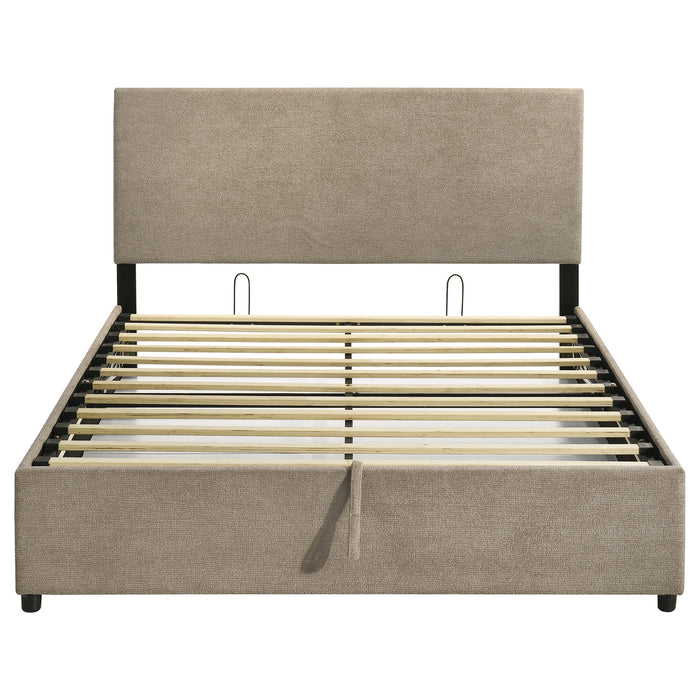 Reeves Upholstered Eastern King Lift-Top Storage Platform Bed Tan