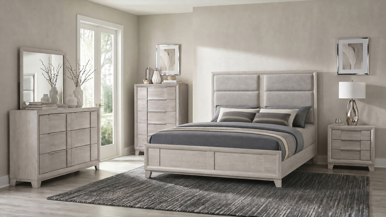 Farre Eastern King Upholstered Platform Panel Bed Washed Grey